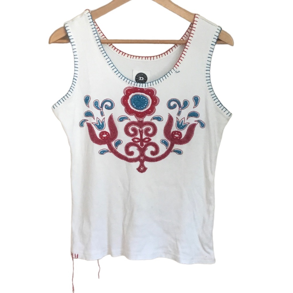 Double D Ranch White Tank with Red and Blue Embroidered Folk Motif